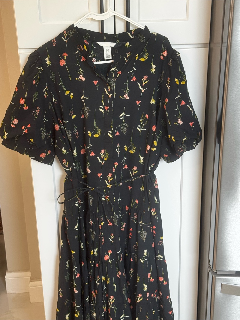 Black Floral Midi Dress with Tie Waist